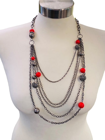 Pewter Color Layered Look Necklace Red Bead Lobster Clasp 27" Long