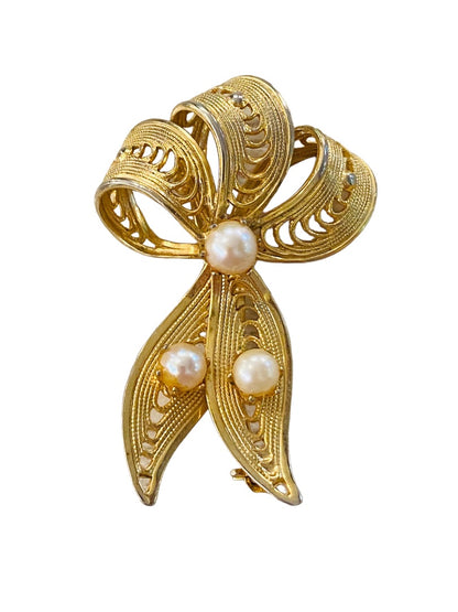 Vintage Goldtone and Faux Pearl Vintage Brooch Filigree Ribbon Shape 1.75"