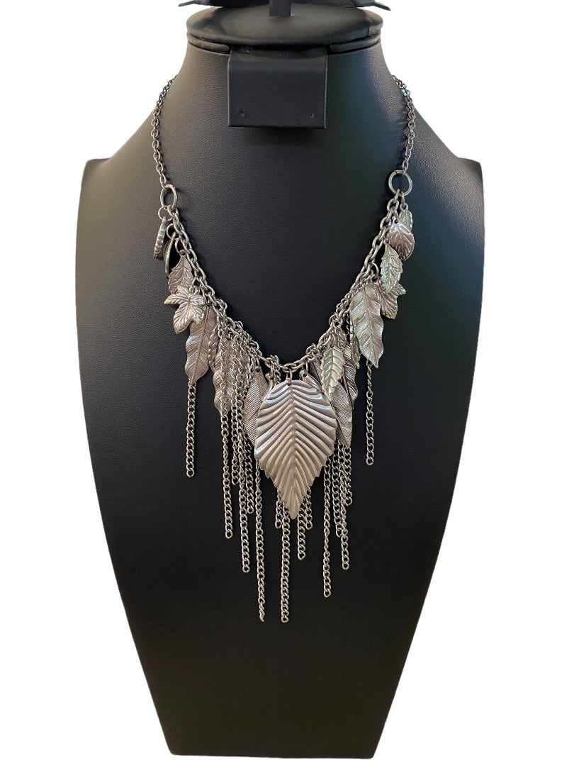 Silvertone Layered Boho Necklace Leaf and Chain Statement 16-18"