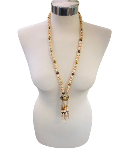 Braided Plastic Bead Necklace 32" Overhead Goldtone Pink Brown Lightweight 5" Tassel