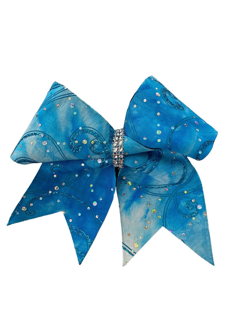 Girls Oversize Hair Bow 6.5" Elastic Ponytail Holder Blue Glitter Bejeweled