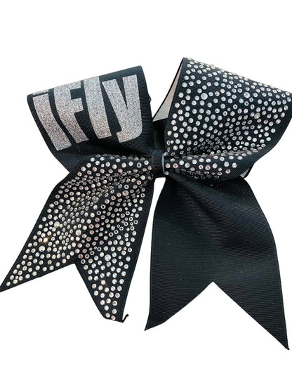 Girls Oversize Hair Bow 6.5" Elastic Ponytail Holder "iFly" Black Silver Bejeweled