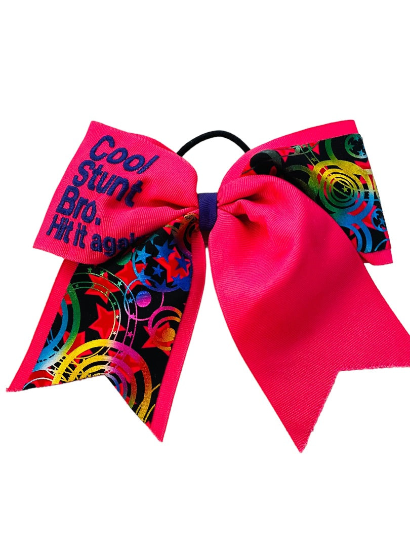 Girls Oversize Hair Bow 6.5" Elastic Ponytail Holder Hot Pink "Cool Stunt Bro"