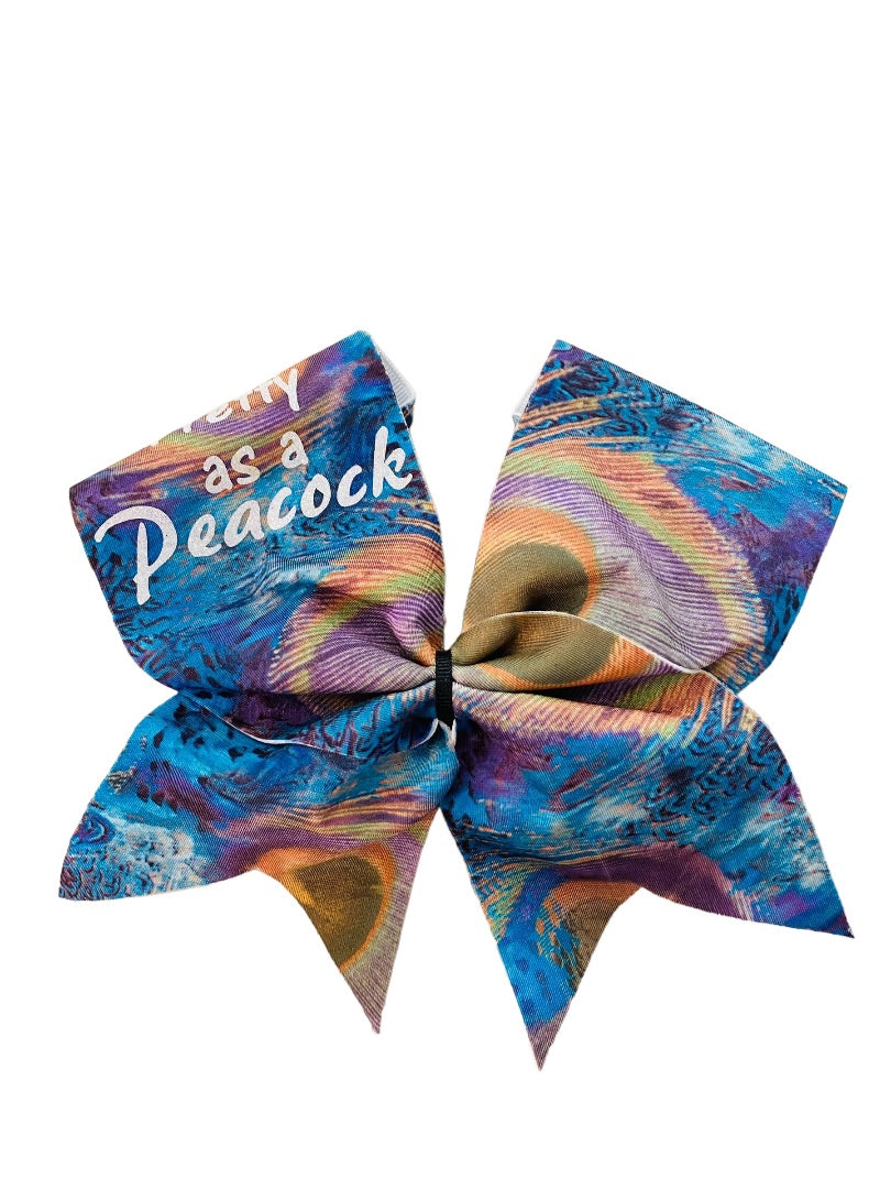 Girls Oversize Hair Bow 6.5" Elastic Ponytail Holder "Pretty as a Peacock" Multicolor