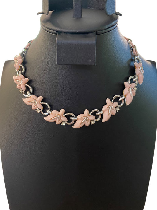 Vintage 13-15" Necklace Hook Closure Pink Plastic Leaf Silvertone