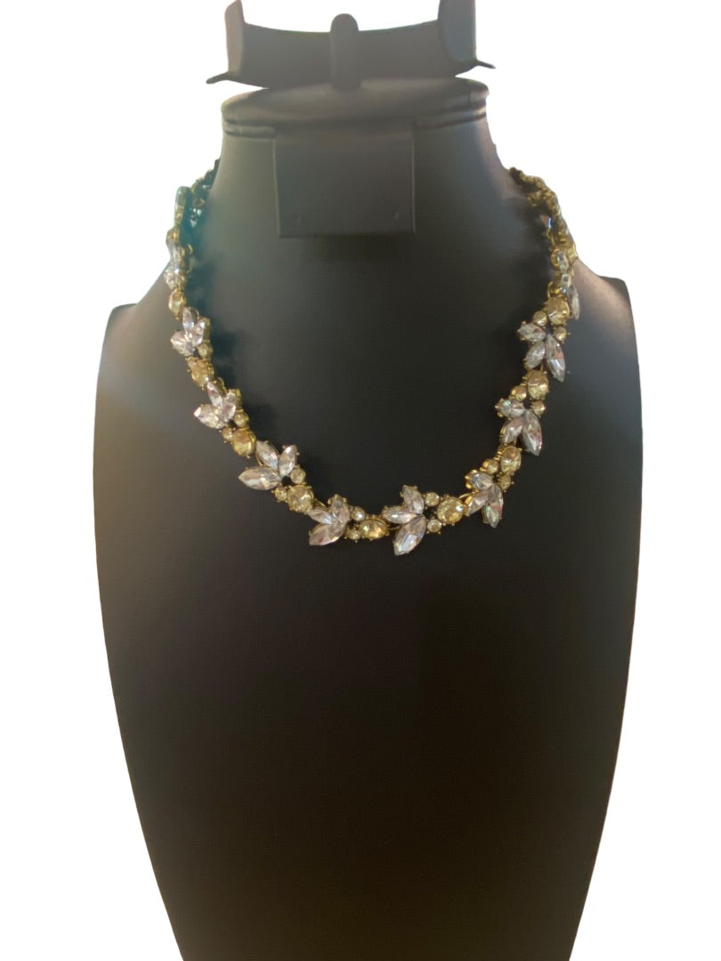 Goldtone Statement Necklace Vine Design Green Clear Faceted Jewels 16-18" Lays Flat