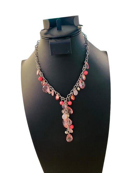 Silvertone Necklace Pink and Mauve Acrylic Faceted Beads 16-19" with 3" Drop