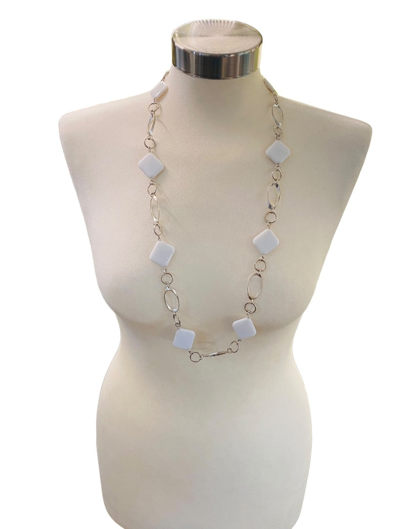 Silvertone and White Acrylic Square Necklace Overhead 34" Lightweight