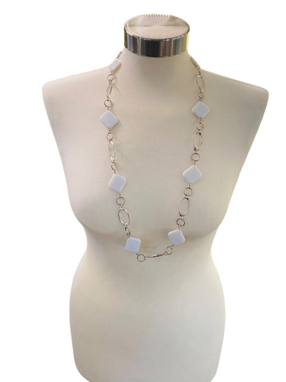 Silvertone and White Acrylic Square Necklace Overhead 34" Lightweight