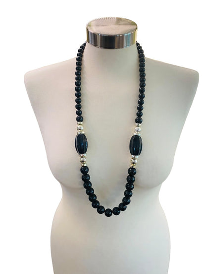 Chunky Black Graduated Bead Necklace Vintage 1990s Silvertone 35" Spring Clasp