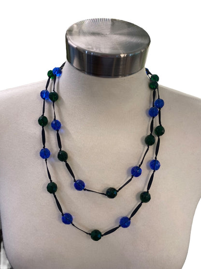 Blue Green Black Knotted Ribbon Necklace Faceted Beads 48" Oversize Spring Clasp