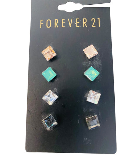 Forever 21 Set of 4 Pair Earrings Stud Pierced Faceted Pink Green Clear Gray