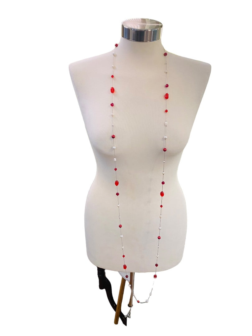 Silvertone Red Chain Necklace Strand String 67" Lobster Clasp Faux Assorted Pearls