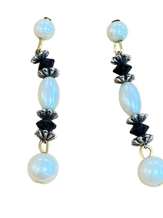 Faux Pearl Beaded Dangle Black White Pierced Earrings