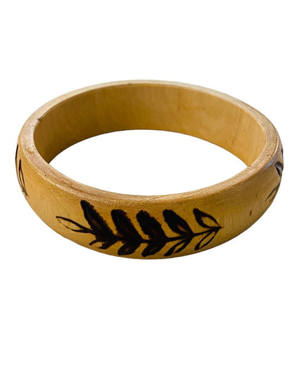 Vintage Wooden Bangle Bracelet Wood Burned Fern Design 2.75" Inside Diameter