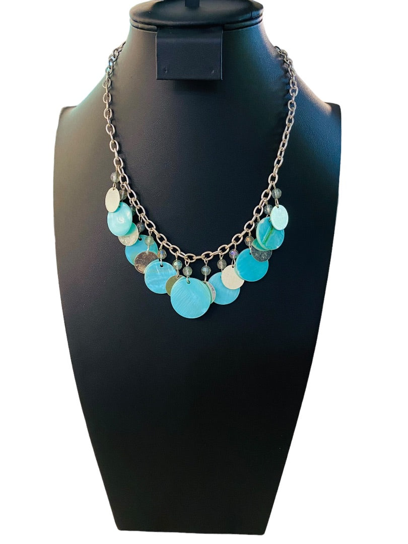 Silvertone and Aqua Charm Layered Circle Necklace 16-19" Lobster Clasp