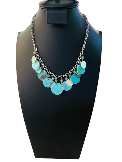 Silvertone and Aqua Charm Layered Circle Necklace 16-19" Lobster Clasp