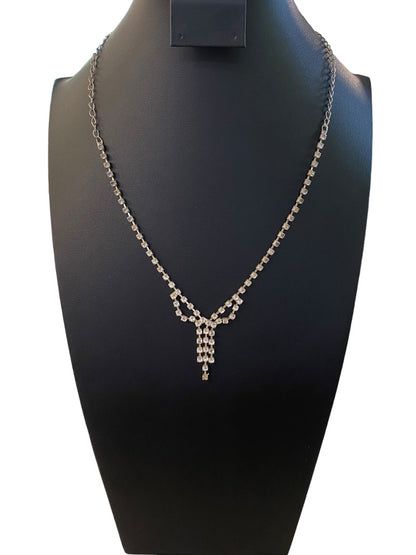 Rhinestone Formal Silvertone Necklace 21" Lobster Clasp 2" Drop