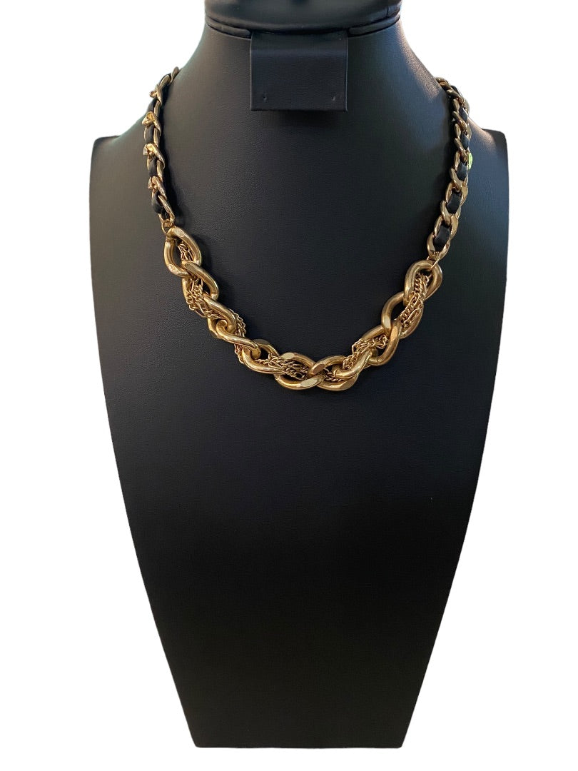 Goldtone and Black Cord Chunky Dual Strand Chain Necklace 17-19" Lobster Clasp