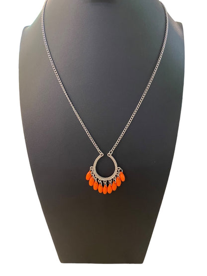 Silvertone 22" Necklace Coral Acrylic Beaded Attached Pendant Necklace