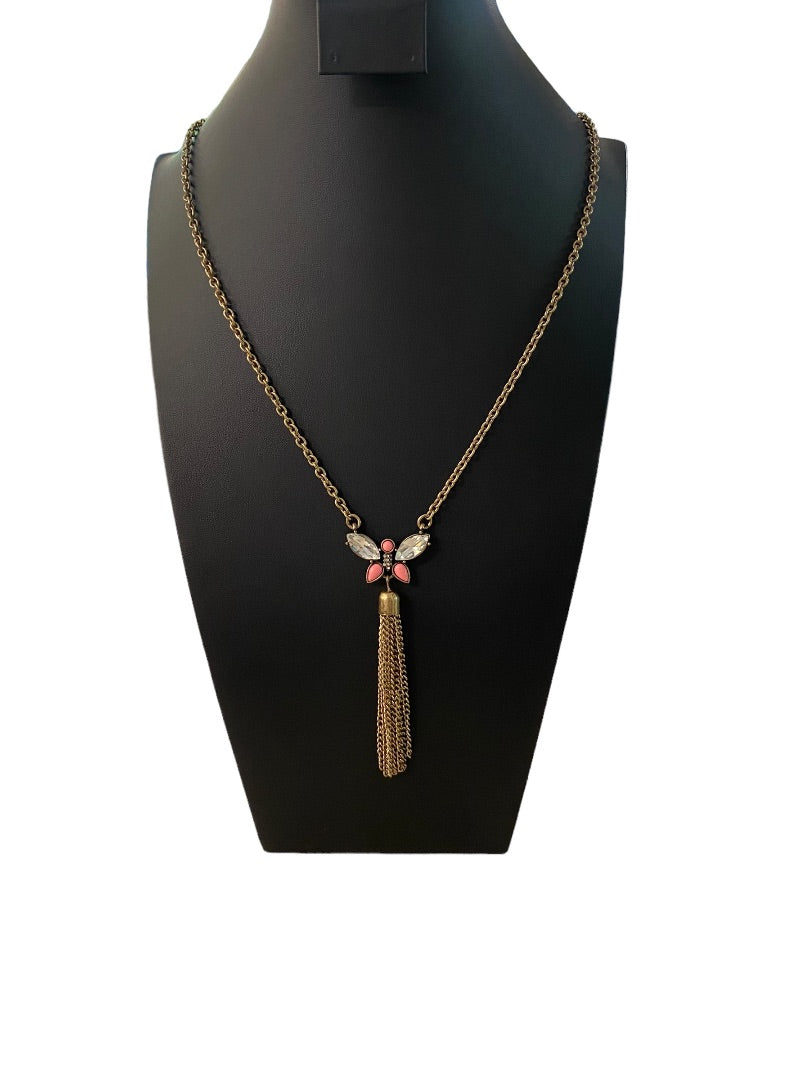 Goldtone Tassel Butterfly 31" Necklace 3.75" Drop Lobster Clasp