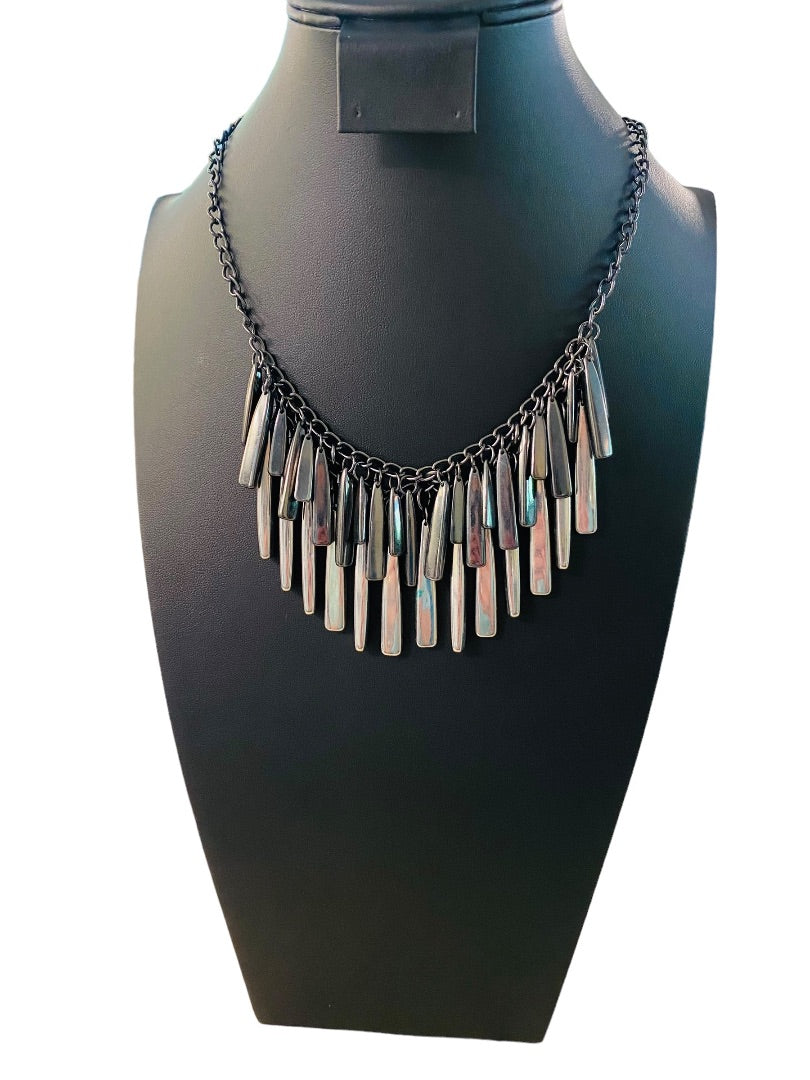 New York & Co Pewter Color and Silvertone Fringe Necklace 18-21" Lobster Clasp 1.5" Drop