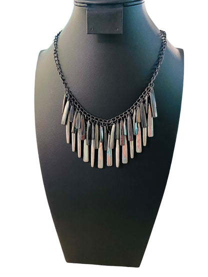 New York & Co Pewter Color and Silvertone Fringe Necklace 18-21" Lobster Clasp 1.5" Drop