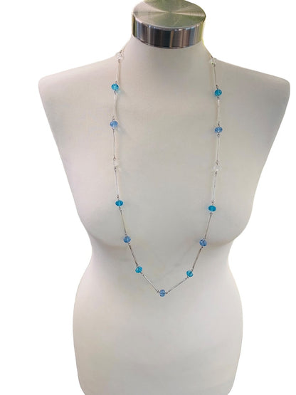 Silvertone Blue Aqua Beaded Overhead 36" Strand String Necklace