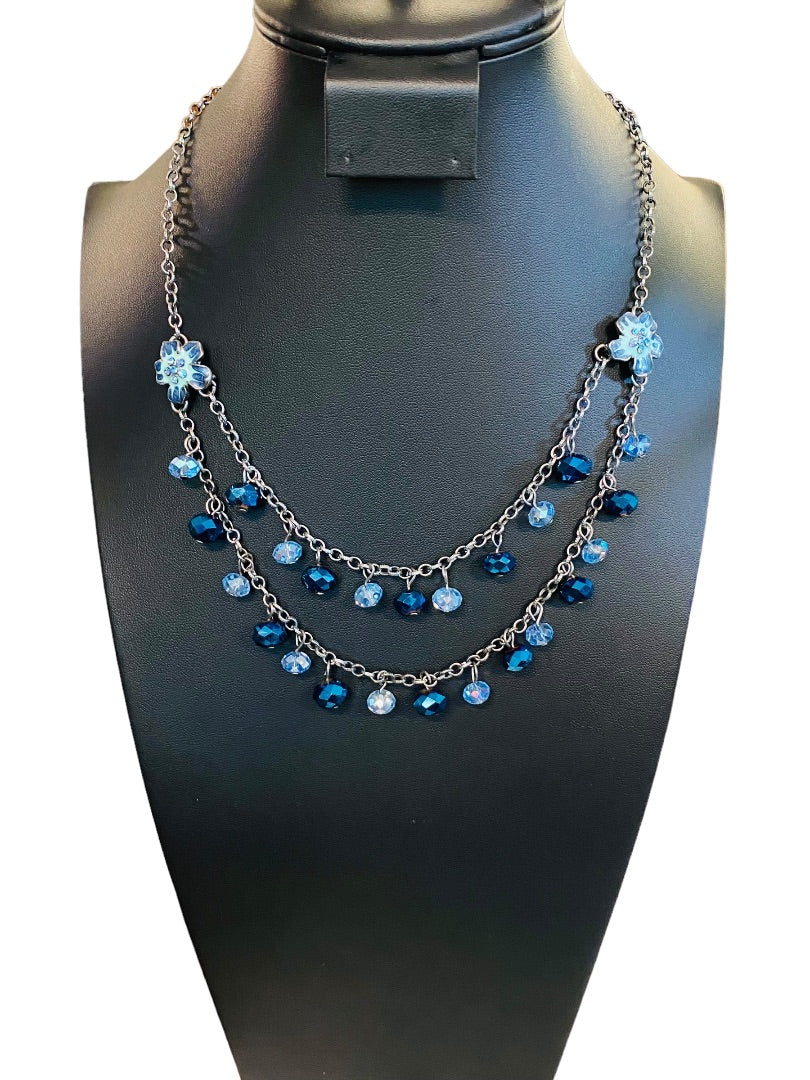 Dark Silvertone Blue Beaded Layered Necklace Floral 19" Lobster Clasp