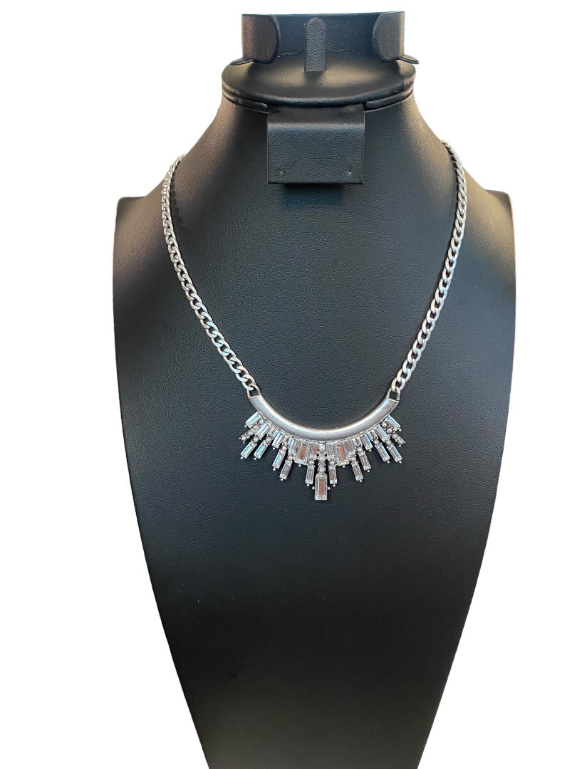 Silvertone Necklace 18"-21"Demilune Attached Pendant Lobster Clasp