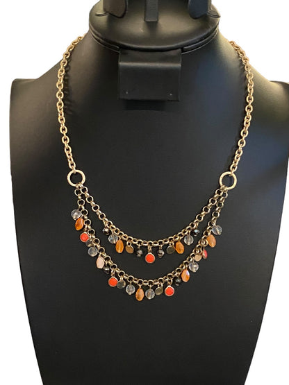 Brushed Goldtone Beaded Double Strand Necklace 17.5"Beaded 3" Drop