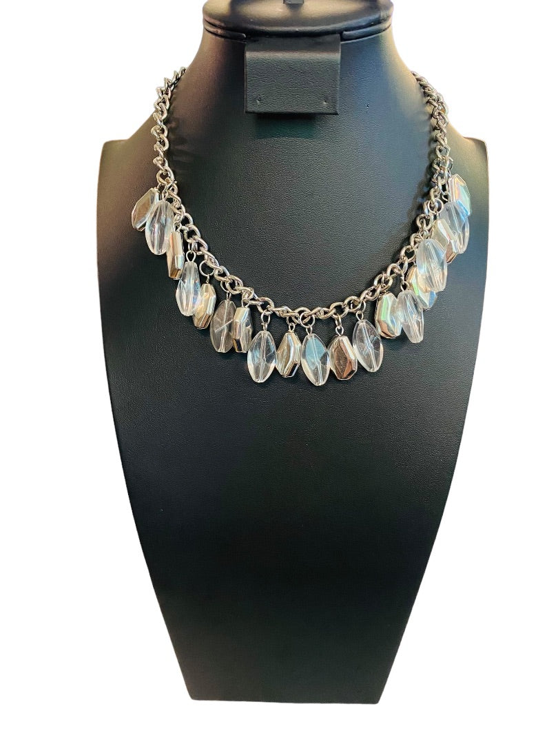 Silvertone 17" Statement Necklace Clear Charm Beads Lobster Clasp