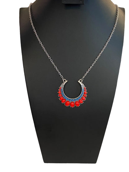 Silvertone Pendant Necklace Statement 33" Red Teal Beaded Pendant (2")