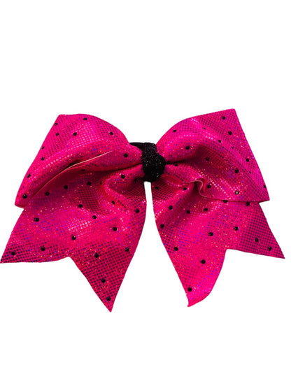 Girls Oversize Hair Bow 6.5" Elastic Ponytail Hot Pink Black Dots Gilttery Shiny