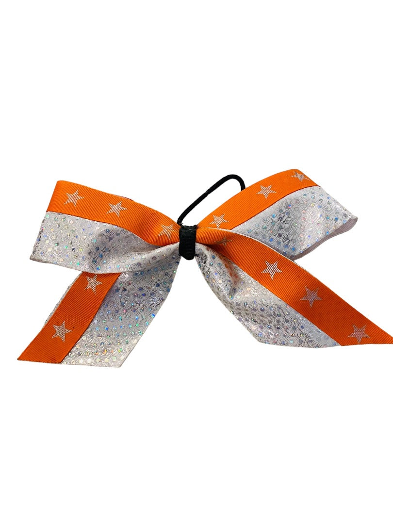 Girls Oversize Hair Bow 8" Elastic Ponytail Silver Orange Star Print