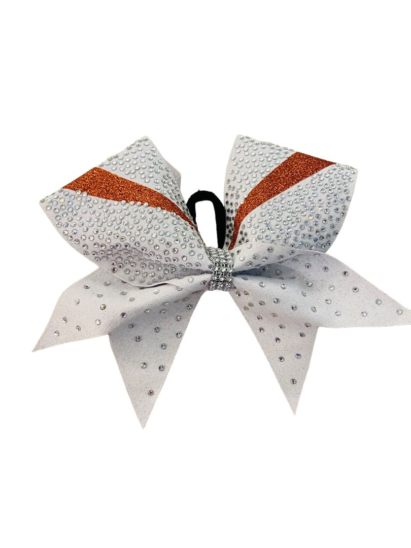 Girls Oversize Hair Bow 7" Elastic Ponytail Holder White Orange  Bejeweled