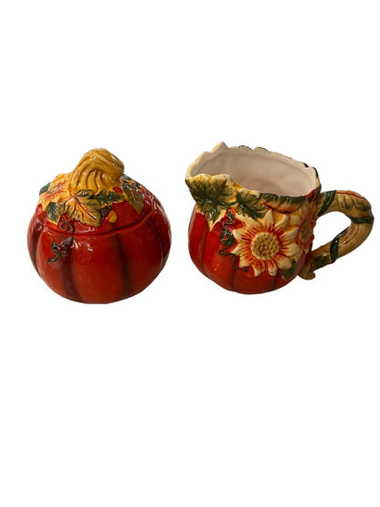 Country Road Ceramic Creamer and Lidded Sugar Bowl Pumpkin Fall Autumn