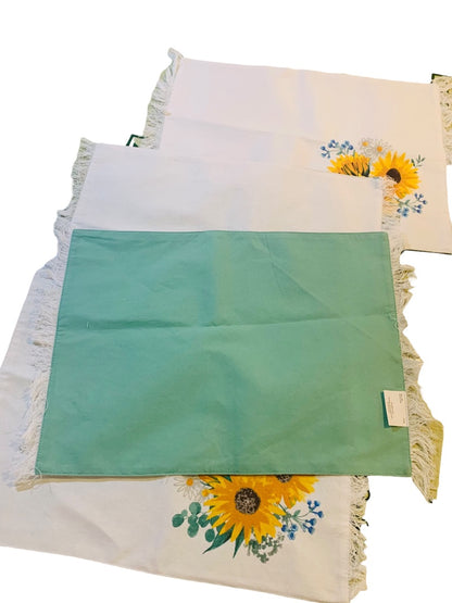 Set of 4 Backed Fabric 18" x 13" New Sunflower and Turquoise Fringed 100% Cotton