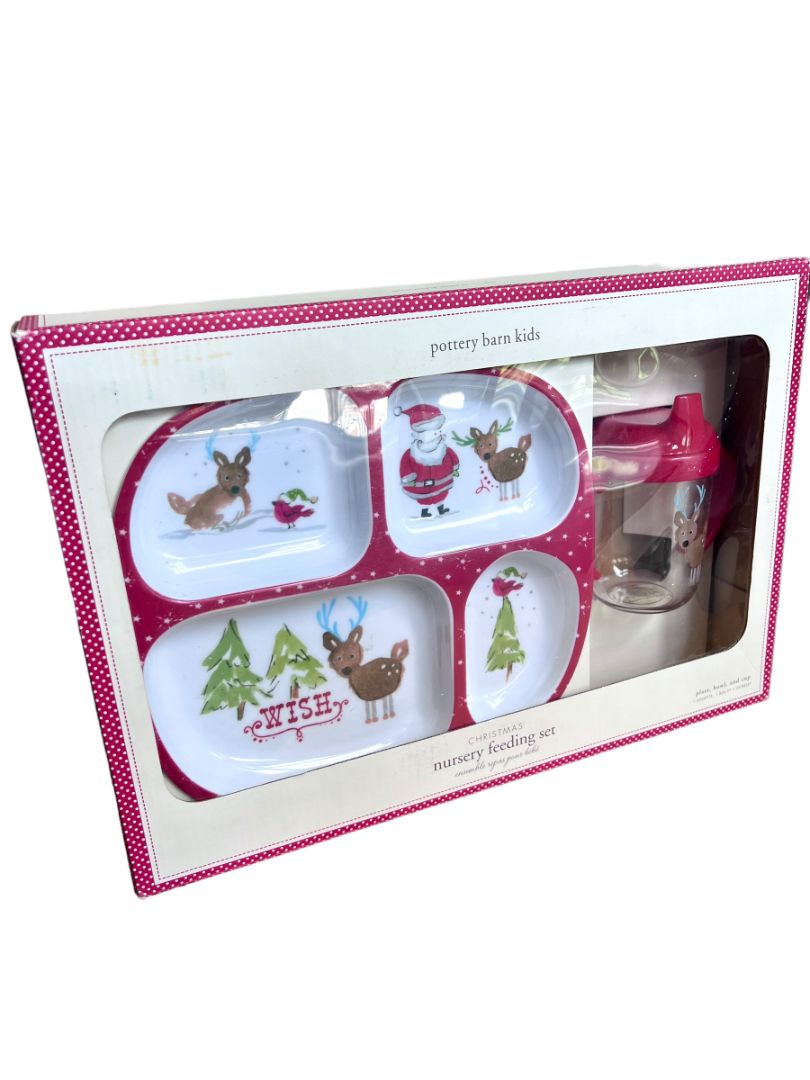 Pottery Barn Kids Christmas Holiday Plate Set Divided Plate Bowl Sippy Cup Santa Holiday NIB