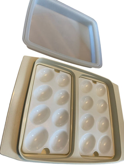 Vintage Tupperware 4 Piece Deviled Egg Carrier Keeper Tray Almond #723-4
