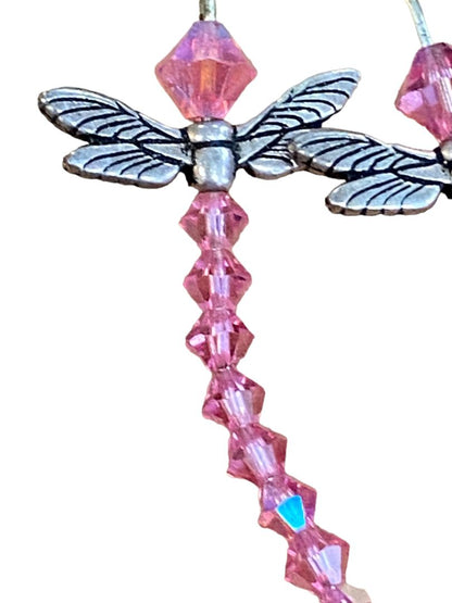 Aurora Borealis Dragonfly Pink Dangle Hook Whimsical Earrings