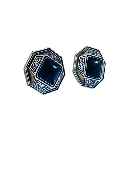 Pewter like Silvertone Geometric Shaped Black Cabochon Post Earrings