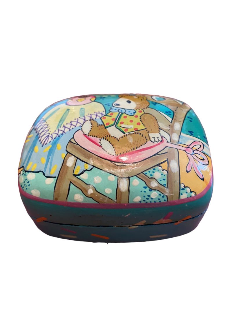 Handpainted Papier Mache Decorative Box Teddy Bear in Chair - Handmade in Kashmir