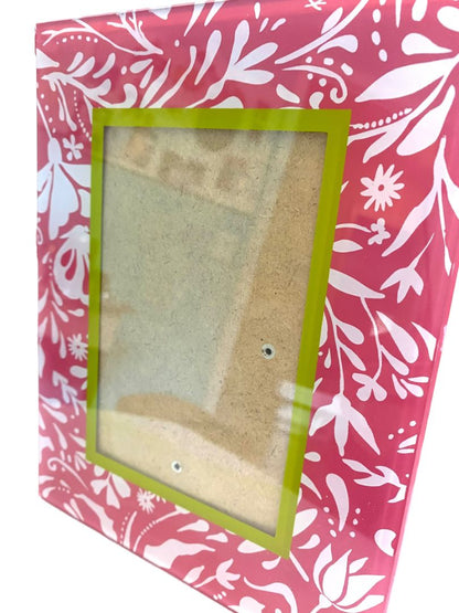 Pink White Green Floral Filagree Glass Table Top Frame for 4X6 Photo