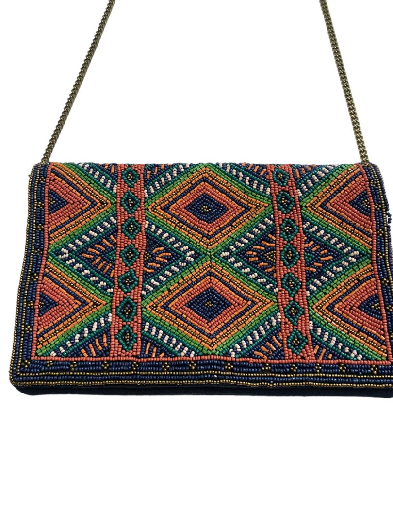 La Sera by Franchi Seed Beaded Envelope Clutch Crossbody Boho Gold Chain Navy Canvas