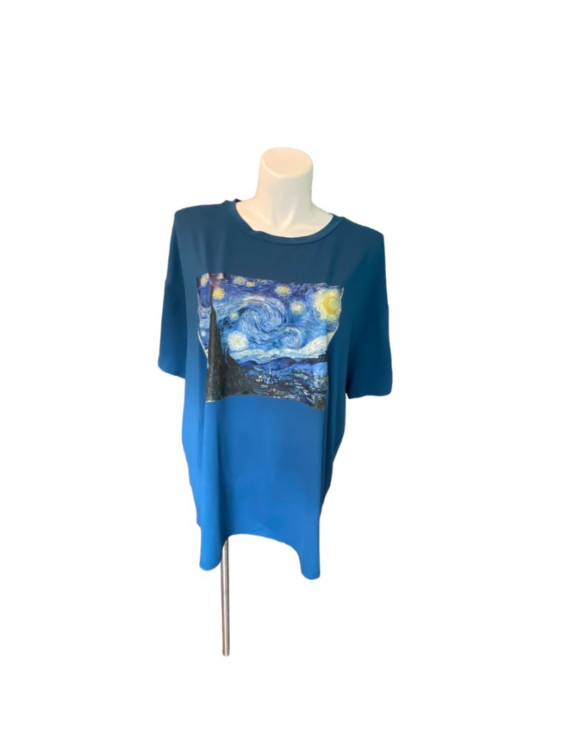 2X Shein Curve Peacock Blue Van Gogh Starry Night T-shirt Tee Shirt