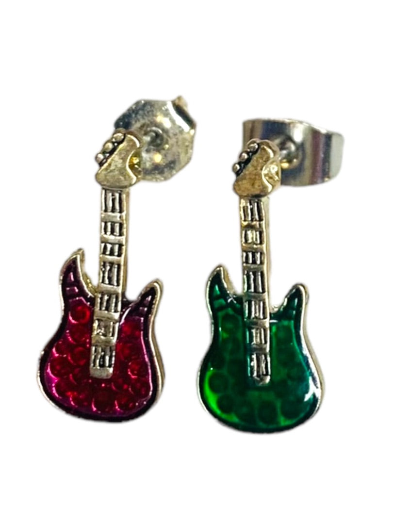 Pierced Post Guitar Earring Silvertone Pink Green Petite .5" Stud