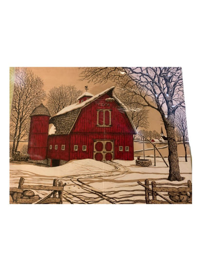 Dennis Lavorato New England Barn in Snow Print on Wood Paper Red Brown Black 15.5" x 13.5"