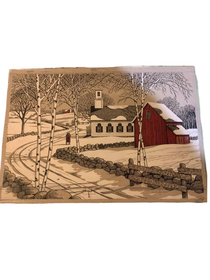 Dennis Lavorato New England Church Barn in Snow Print Marked for 10 x 16 Frame 16.5" x 11.5"