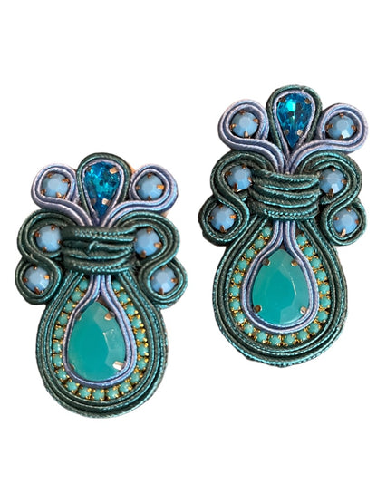 Soutache Post Earrings Flat Ribbon Statement Teardrop Turquoise Ornate 2.5"